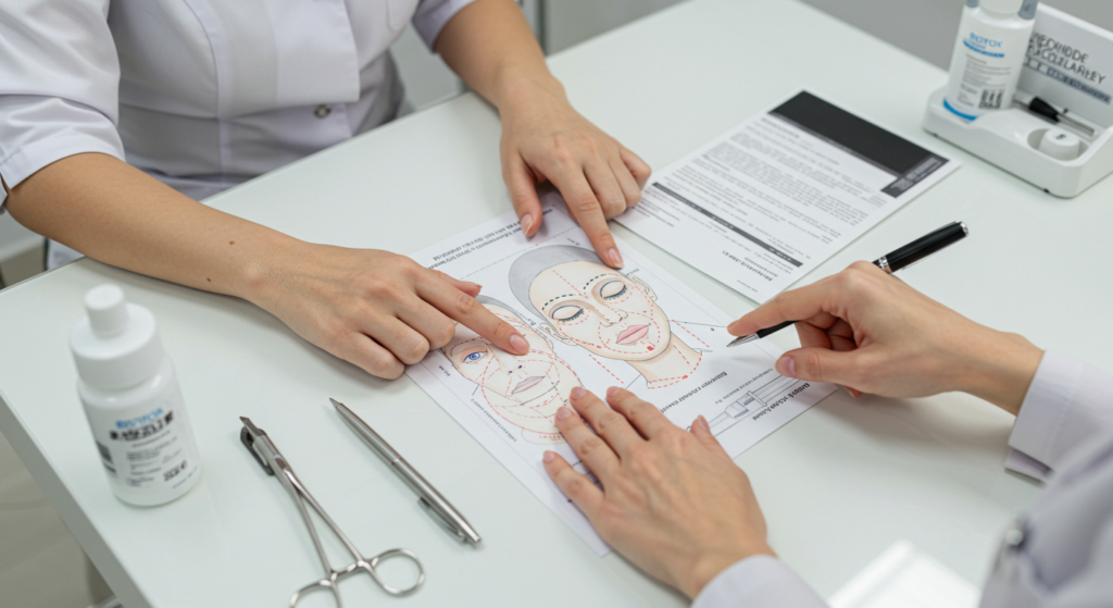 Botox consultation with facial diagram and injection marks